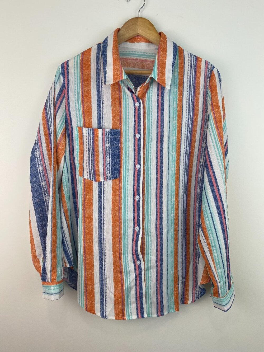 Vibrant Multicolor Striped Button-Up Long Sleeve Blouse Shirt